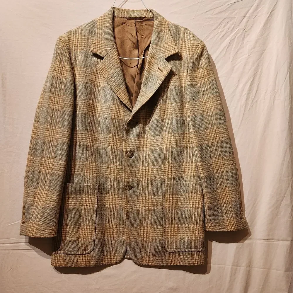 Vintage Saks Fifth Avenue Tan Sz Large Wool Large Pocket Tweed Sport Coat Jacket